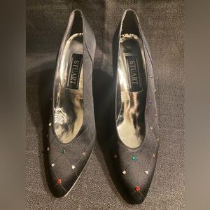 Stuart Weitzman Vintage satin Pumps 10N embellished  multi color jeweled studs.